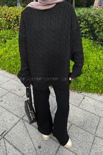 Lamelif Örgülü Şardonlu Takım Siyah