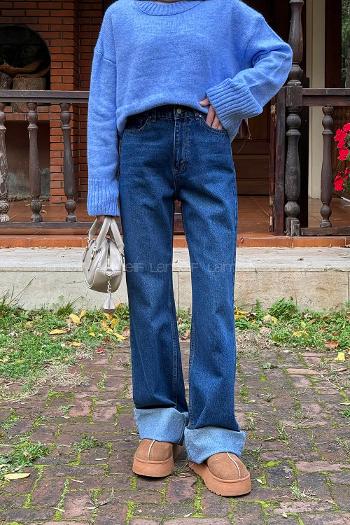 Lamelif Paça Kıvırmalı Flare Pantalon Koyu Mavi