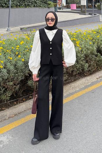 Lamelif V Yaka Yelekl Takım Siyah