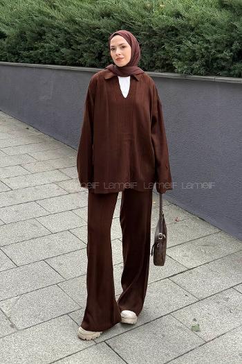 Lamelif Yaka Detay İkili Tesettür Takım Acı Kahve
