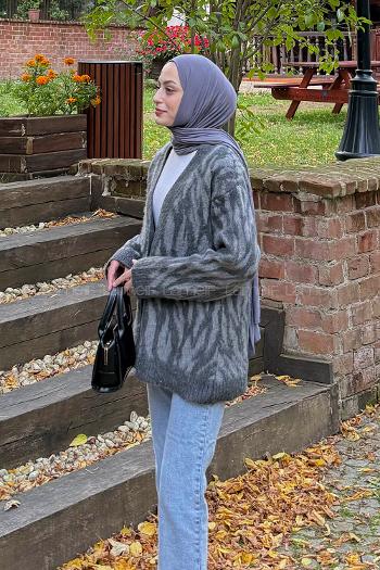 Lamelif Zebra Desen Hırka Gri