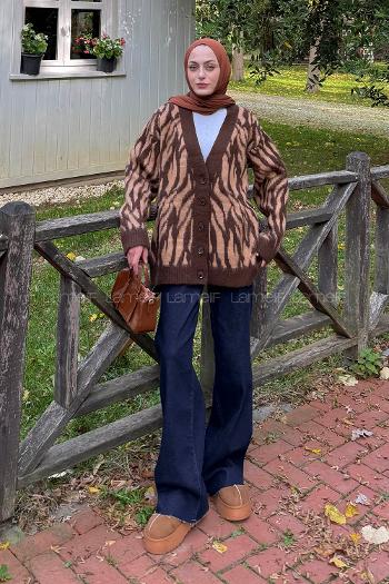 Lamelif Zebra Desen Hırka Kahverengi