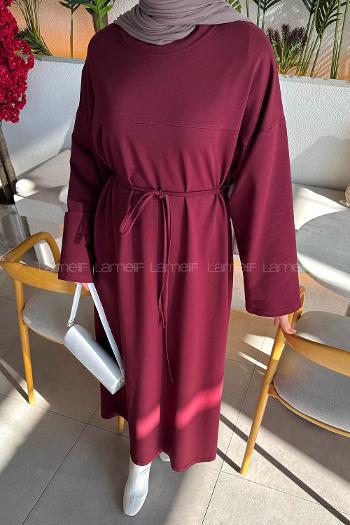 Lamelif Bağlama Detaylı Robalı Elbise Bordo