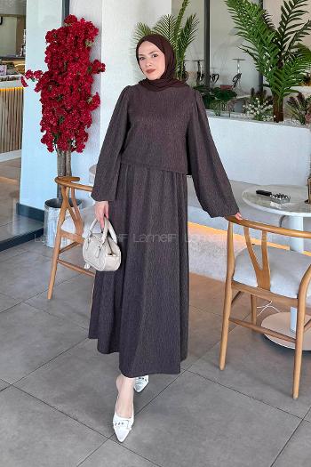 Lamelif Balon Kol Krinkıl Etek Tesettür Takım Acı Kahve