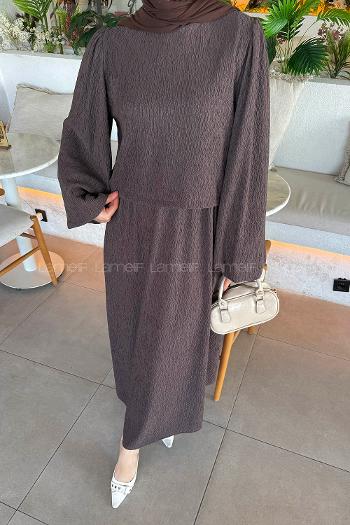 Lamelif Balon Kol Krinkıl Etek Tesettür Takım Acı Kahve