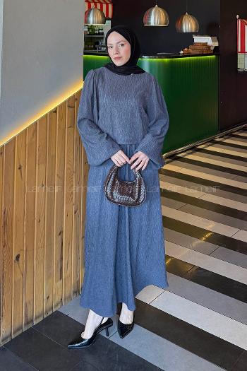 Lamelif Balon Kol Krinkıl Etek Tesettür Takım Antrasit