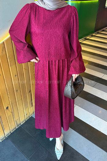 Lamelif Balon Kol Krinkıl Etek Tesettür Takım Bordo