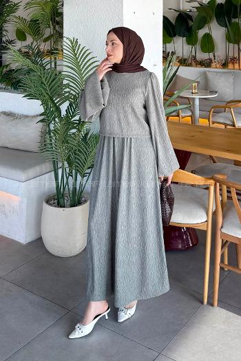 Lamelif Balon Kol Krinkıl Etek Tesettür Takım Haki