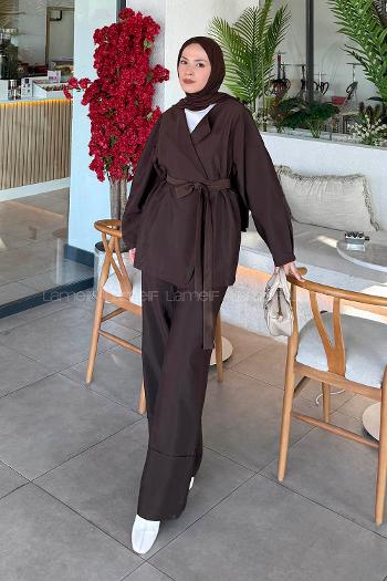Lamelif Balon Kol Pantolonlu Takım Acı Kahve
