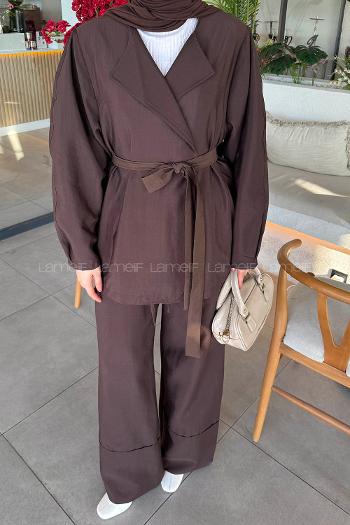 Lamelif Balon Kol Pantolonlu Takım Acı Kahve