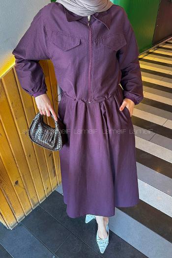 Lamelif Cep Detaylı Etekli İkili Takım Mürdüm