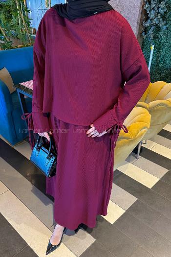 Lamelif Takma Manşet Biye Detaylı İkili Takım Bordo