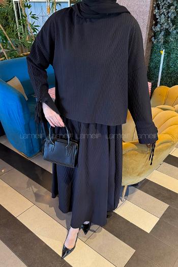 Black Crew Neck Long Arm Cotton Flare Suit