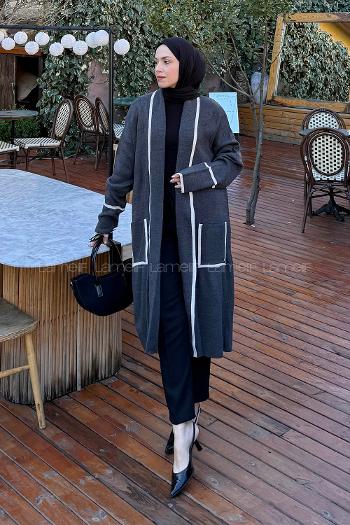 Lamelif Cep Detaylı Tesettür Hırka Gri