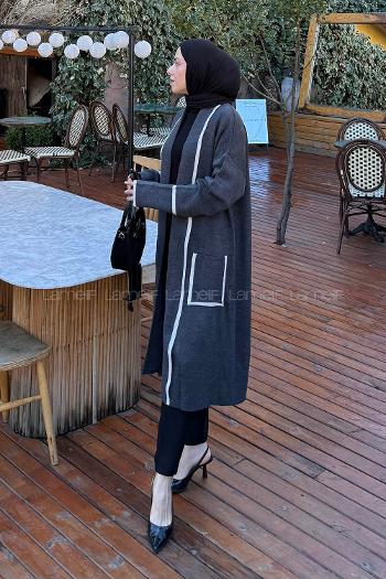 Lamelif Cep Detaylı Tesettür Hırka Gri