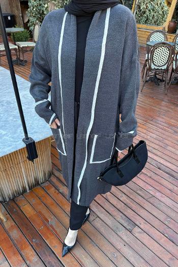 Lamelif Cep Detaylı Tesettür Hırka Gri