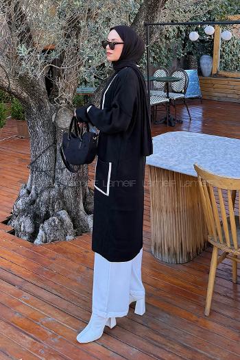 Lamelif Cep Detaylı Tesettür Hırka Siyah