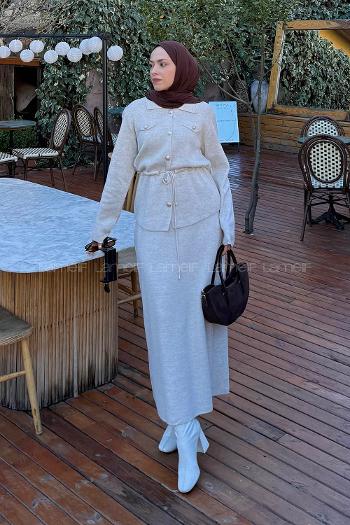 Beige Shirt Collar Long Arm Acrylic Straight Skirt Suit