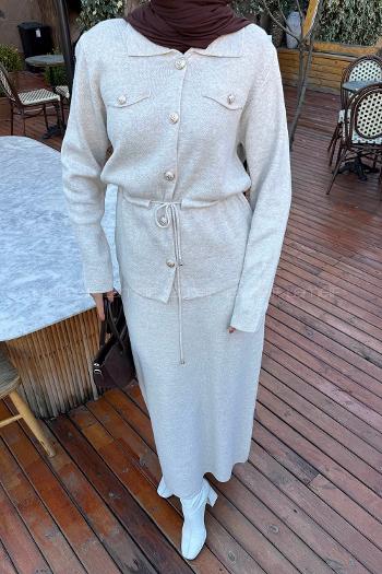 Beige Shirt Collar Long Arm Acrylic Straight Skirt Suit
