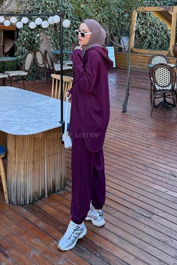 Lamelif Kapüşonlu Kanguru Cep İkili Takım Bordo