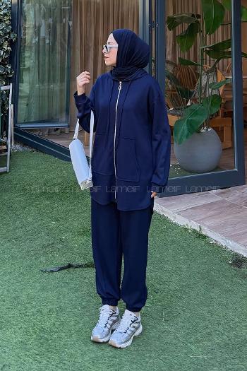 Lamelif Kapüşonlu Kanguru Cep İkili Takım Lacivert