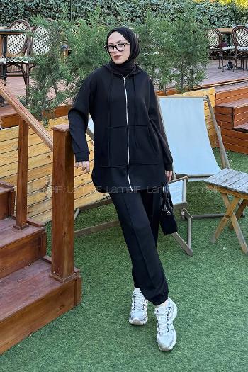 Lamelif Kapüşonlu Kanguru Cep İkili Takım Siyah