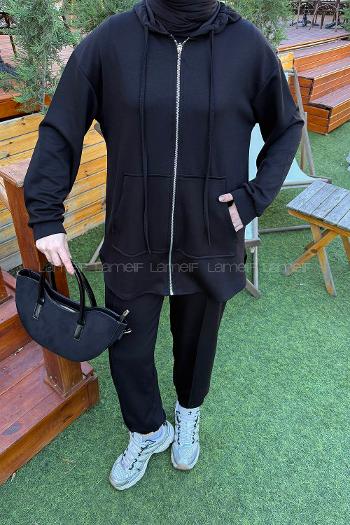 Lamelif Kapüşonlu Kanguru Cep İkili Takım Siyah
