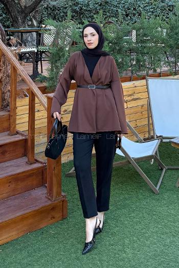 Bitter Brown V Neck Long Arm Polyester Cardigan