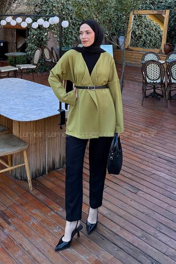 Oil Green V Neck Long Arm Polyester Cardigan