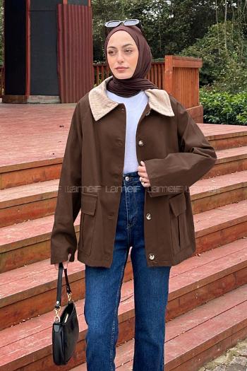 Lamelif Yaka Detaylı Parka Koyu Kahverengi