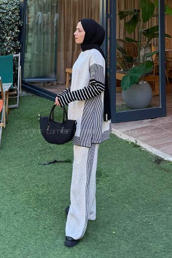 Lamelif Yan Çizgili Panço Tesettür Takım Bej