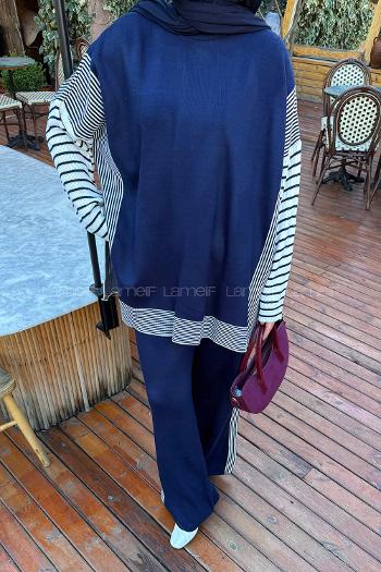 Lamelif Yan Çizgili Panço Tesettür Takım Lacivert