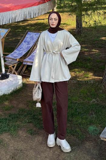 Beige Long Arm Cotton Polyester Kimono