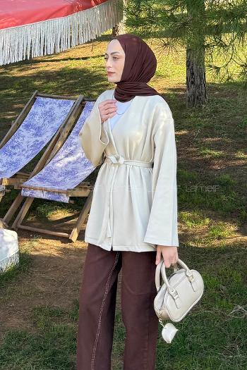 Beige Long Arm Cotton Polyester Kimono
