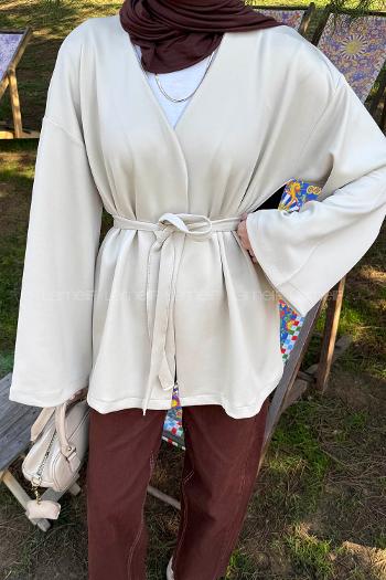 Beige Long Arm Cotton Polyester Kimono
