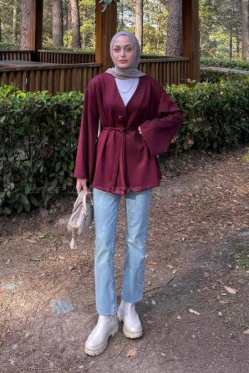 Claret Red Long Arm Cotton Polyester Kimono