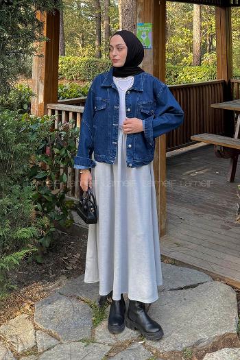 Lamelif Fleto Cepli Kot Ceket Kot Mavisi