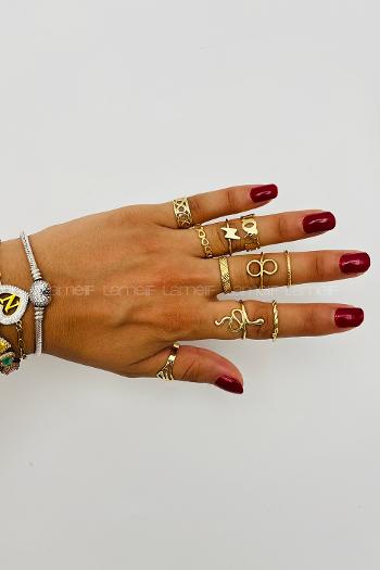 Lamelif Gold 10lu Kombin Yılan Yüzük Seti