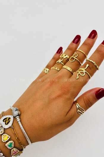 Lamelif Gold 10lu Kombin Yılan Yüzük Seti