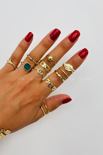 Lamelif Gold 12li Kombin Yesil Mineli Yüzük Seti