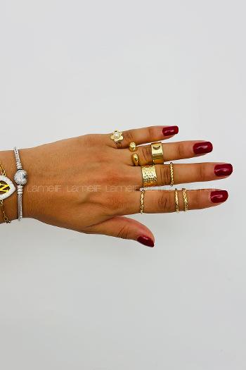 Lamelif Gold 8li Kombin Çiçek Yüzük Seti