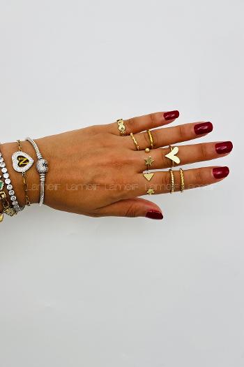 Lamelif Gold 8li Kombin Kalp Yüzük Seti