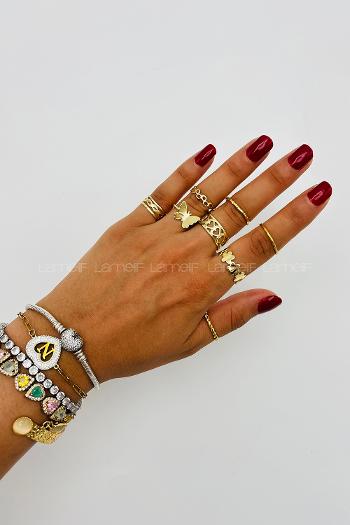 Lamelif Gold 8li Kombin Kelebek Yüzük Seti