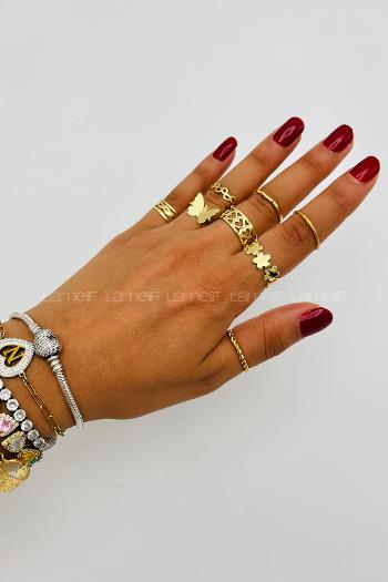 Lamelif Gold 8li Kombin Kelebek Yüzük Seti