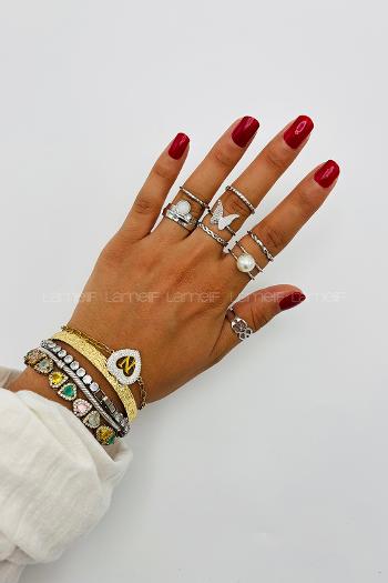 Lamelif Gümüş 7li Kombin Kelebek Yüzük Seti