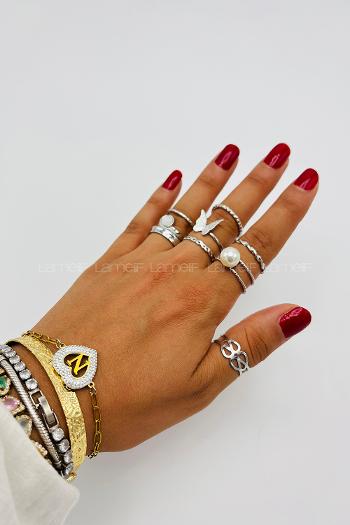 Lamelif Gümüş 7li Kombin Kelebek Yüzük Seti