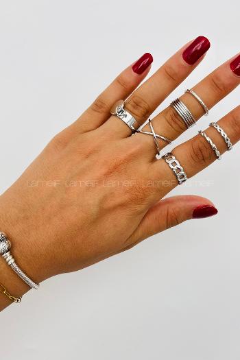 Lamelif Gümüş 7li Kombin Sallantılı Yüzük Seti