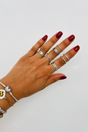 Lamelif Gümüş 7li Kombin Sallantılı Yüzük Seti