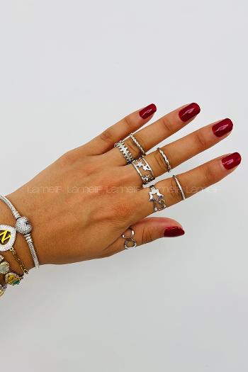 Lamelif Gümüş 7li Kombin Yıldız Yüzük Seti