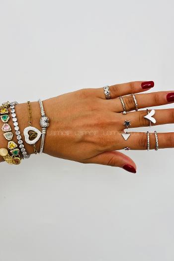 Lamelif Gümüş 8li Kombin Kalp Yüzük Seti